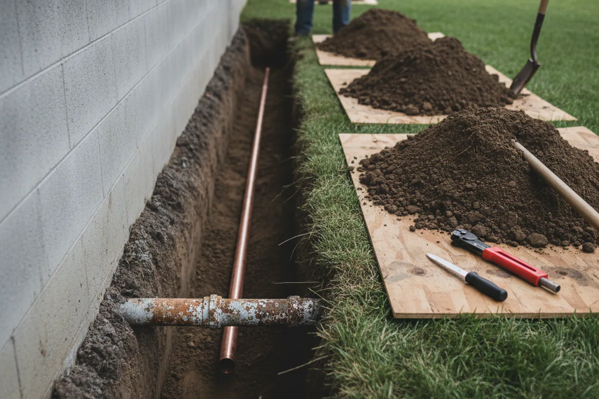 Excavated water line trench during Water Heater Repair in Seymour